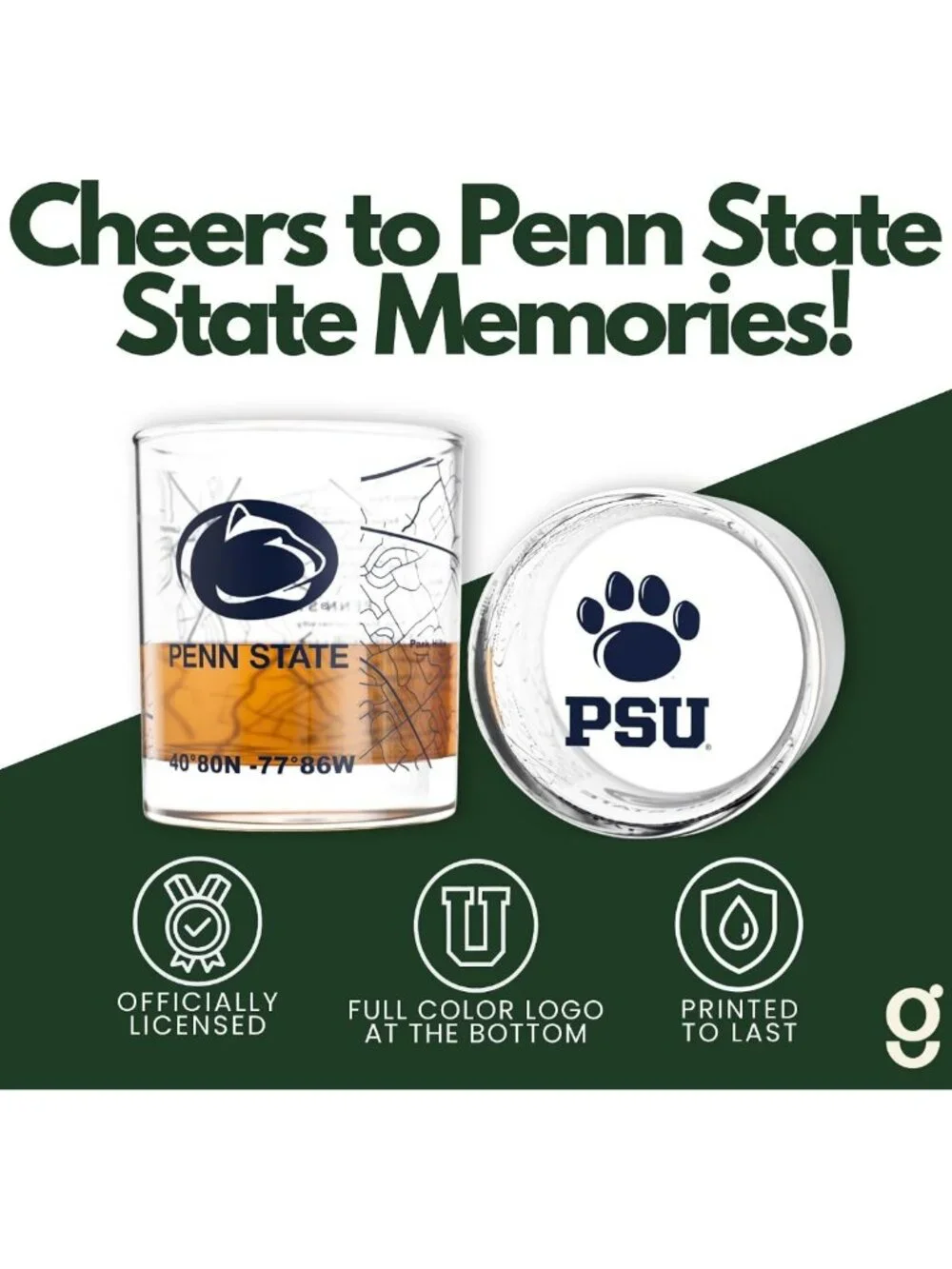 Set of 2 Penn State Whiskey Glasses - 10 oz Rocks Glasses with Logo & Campus Map